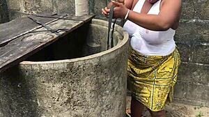 Real naija couple films homemade porn outdoors with natural tits in lingerie.