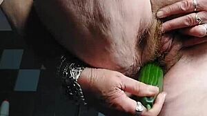 German Granny Fucks Hairy Pussy With Cucumber In Food Play