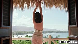 tushy yoga babe licks balls sucks cock deepthroats then rides cowgirl for tight anal assfucking with facial