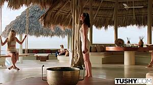 tushy yoga babe licks balls sucks cock deepthroats then rides cowgirl for tight anal assfucking with facial