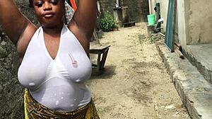 Real naija couple films homemade porn outdoors with natural tits in lingerie.