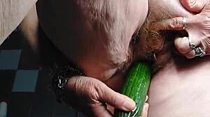 German Granny Fucks Hairy Pussy With Cucumber In Food Play
