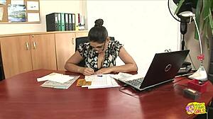 A naughty secretary bangs her lesbian blonde milf boss on the table