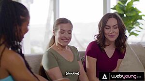 Stacked Kira Noir has fervent threesome with naughty brunettes Freya Parker and Spencer Bradley licking ebony pussy