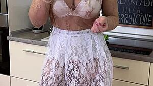 Hey, you ready for breakfast with Cherryl Colle in lingerie and stockings showing her big ass and tits?