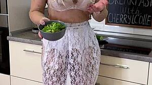 Hey, you ready for breakfast with Cherryl Colle in lingerie and stockings showing her big ass and tits?