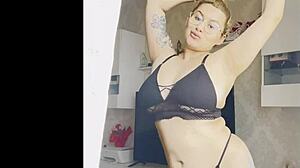 blonde shows sexy body with big natural tits and big ass in lingerie