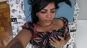 She went without panties to the market, her neighbor saw and helped, then fucked her ass bareback without condom. Creampie filled her up.