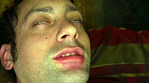 Bold tranny in red stockings dominates and intensely anal fucks submissive male