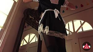 french maid subtly reveals upskirt while vacuuming in stockings