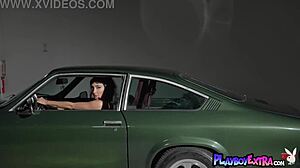 skinny tall milf scarlett kapella stripping naked on the hood, posing with natural tits and pussy in erotic style.