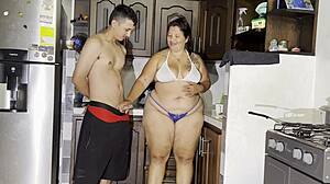 Curvy Latina Stepmom Sucks Stepson's Huge Cock in Kitchen Leading to Rough Missionary Fuck and Cum on Tits