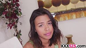 Sweet stepsis kat arina gets pounded hard by big cock in blowjob session.