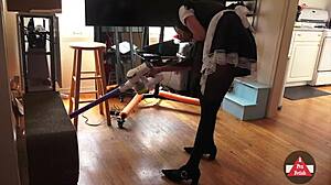 french maid subtly reveals upskirt while vacuuming in stockings