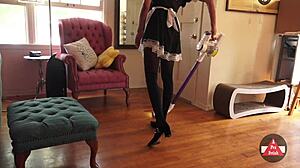 french maid subtly reveals upskirt while vacuuming in stockings