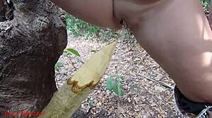 Perverted Slut Squirts Piss From Wooden Stake In Forest