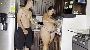 Curvy Latina Stepmom Sucks Stepson's Huge Cock in Kitchen Leading to Rough Missionary Fuck and Cum on Tits