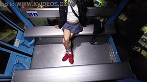 Tranny pulls out her verga in the cablebus exhibit with perfect body and miniskirt outdoors