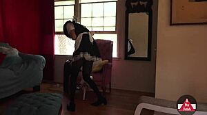 french maid subtly reveals upskirt while vacuuming in stockings