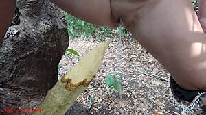 Perverted Slut Squirts Piss From Wooden Stake In Forest