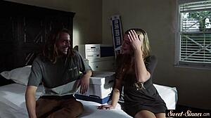 Teen babe starts with erotic foreplay in group fantasy before getting banged doggystyle in full movie