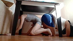 can you believe we sneak under the table rubbing our sexy pussies while hiding from stepmother in homemade lesbian miniskirt desk quickie