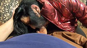 the nympho wife teases in her camel-toe jumpsuit. she adds cum to her shiny red down-jacket.