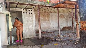 omg, my stepmom catches me watching her shower outdoors... 😏 what a passionate moment with her big ass and tits!