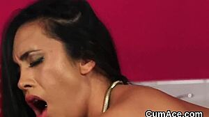 the naughty bombshell engages in a wild blowbang session, swapping cum and getting facial jizm