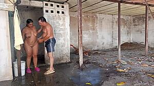 omg, my stepmom catches me watching her shower outdoors... 😏 what a passionate moment with her big ass and tits!