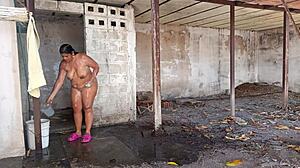 omg, my stepmom catches me watching her shower outdoors... 😏 what a passionate moment with her big ass and tits!