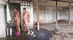 omg, my stepmom catches me watching her shower outdoors... 😏 what a passionate moment with her big ass and tits!