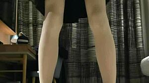 Tranny femboy jerks off in black dress with huge cumshot!