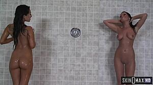 Asa Akira Enjoys Lesbian Shower Sex With Curvy Babe