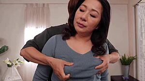 Young man flirts with busty Japanese mature married woman at wedding for creampie sex