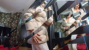 MilfyCalla shows yoga pants cameltoe then takes deepthroat blowjob with cumshots on downjackets!