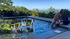 This exotic girlfriend hints at rough outdoor anal and blowjob by the pool in Costa Rica