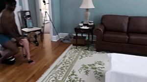 Petite blonde spinner Karlee Paige riding black man cowgirl style then fucked doggystyle with creampie