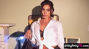 Seductive secretary Emjay Rinaudo teases by stripping to show her natural tits at work