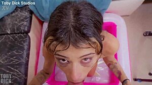 Petite teen Mells Blanco gets her ass licked and fucked in rough domination. Intense face fucking with gagging and humiliation in toilet scene!