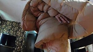 MilfyCalla shows yoga pants cameltoe then takes deepthroat blowjob with cumshots on downjackets!