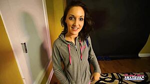 Skinny Coed Ryann Delivers Footjob and Twat Fingering