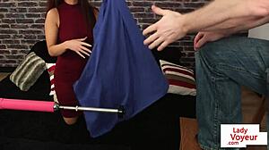 Redhead British voyeur in lingerie and stockings teases humiliated sub with jerk off instructions