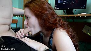 Redhead Wife Gives Cum in Mouth Blowjob to Husband at End of Day