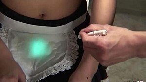 oh wow this skinny asian teen maid in lingerie gets her hairy pussy vibrating to first intense orgasm by old guy daddy roleplay