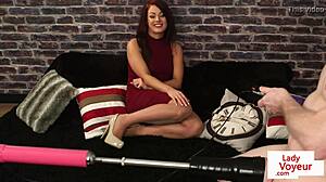 Redhead British voyeur in lingerie and stockings teases humiliated sub with jerk off instructions