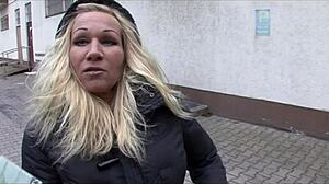 blonde with big tits takes money for blowjob and cum on natural tits