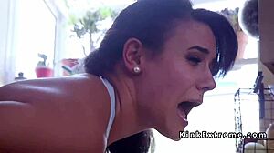 Tied up teen 18+ gets throat banged hard and ass caned in bizarre bondage group session!