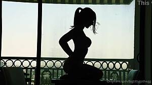 Oh yeah, watch me ride this dildo with my big tits bouncing, says the goth girl in solo play