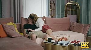 Blonde european couple enjoys fetish rimjob with ass licking and blowjob on the sofa